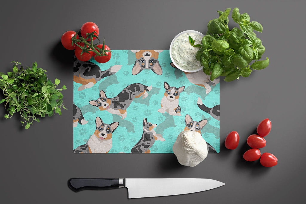 Blue Merle Welsh Cardigan Corgi Cutting Board Tempered Glass Kitchen Cutting Surface, Heat Resistant Chopping, Non-Slip Feet, Food Prep & Serving