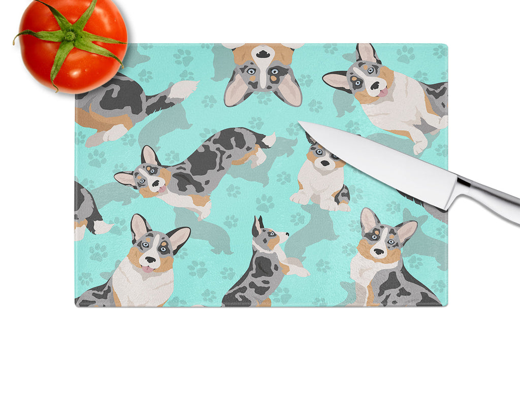 Blue Merle Welsh Cardigan Corgi Cutting Board Tempered Glass Kitchen Cutting Surface, Heat Resistant Chopping, Non-Slip Feet, Food Prep & Serving