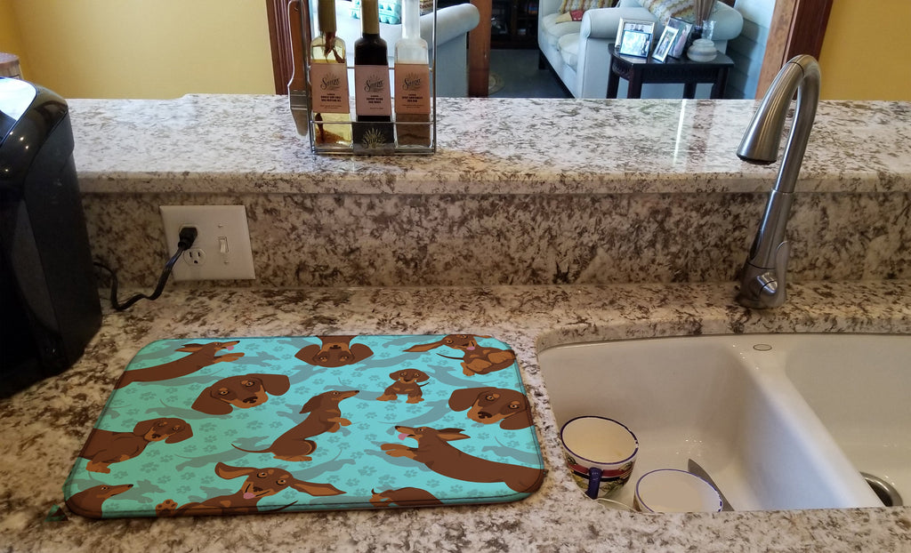 Chocolate and Tan Dachshund Dish Drying Mat Absorbent Dish Drying Mat Pad for Kitchen Counter Dish Drainer Mat for Countertop, 14 x 21", Multicolor