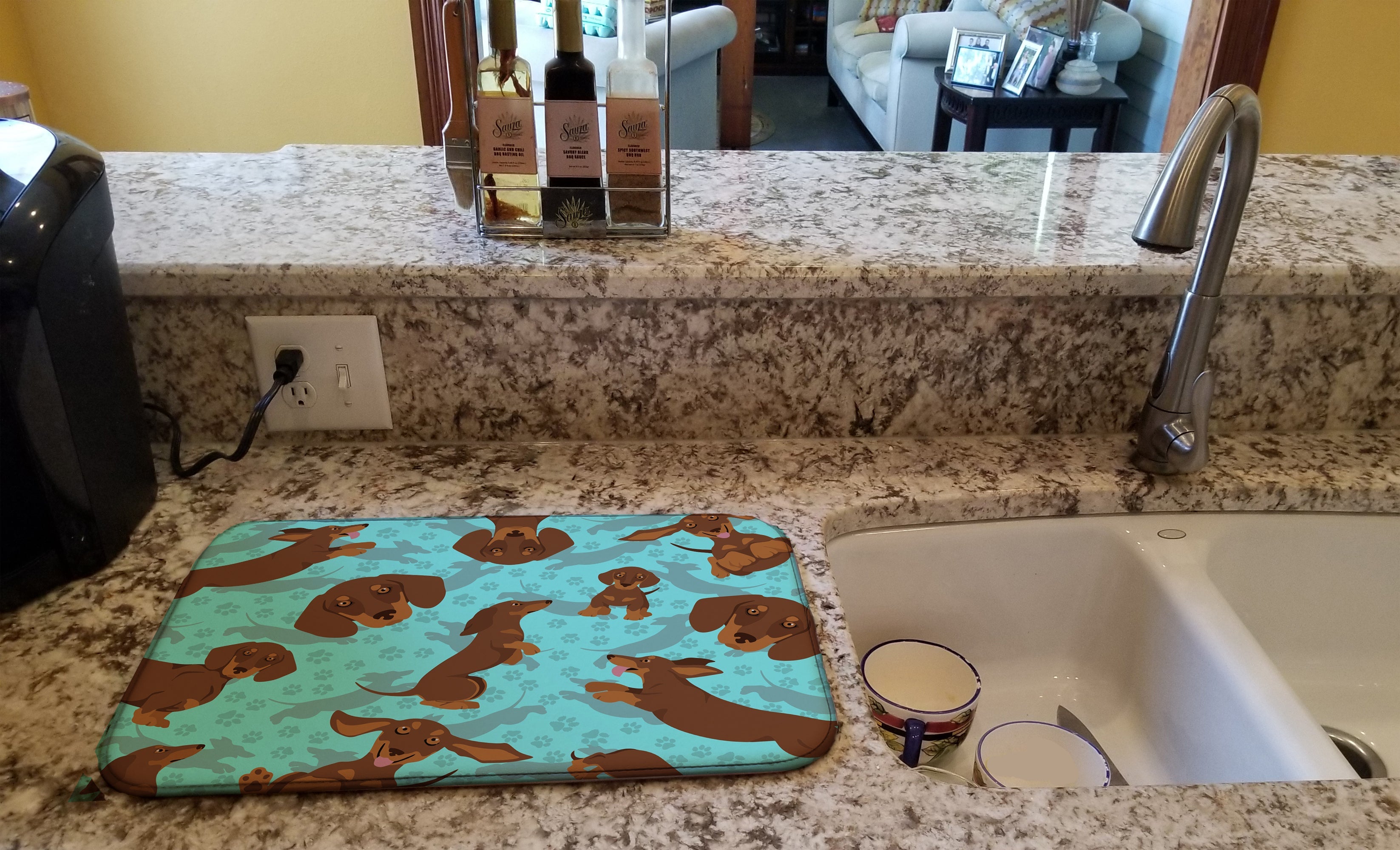 Chocolate and Tan Dachshund Dish Drying Mat Absorbent Dish Drying Mat Pad for Kitchen Counter Dish Drainer Mat for Countertop, 14 x 21", Multicolor