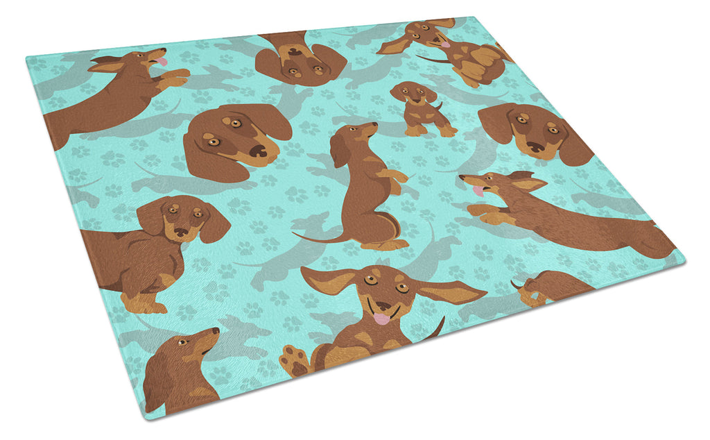 Chocolate and Tan Dachshund Cutting Board Tempered Glass Kitchen Cutting Surface, Heat Resistant Chopping, Non-Slip Feet, Food Prep & Serving