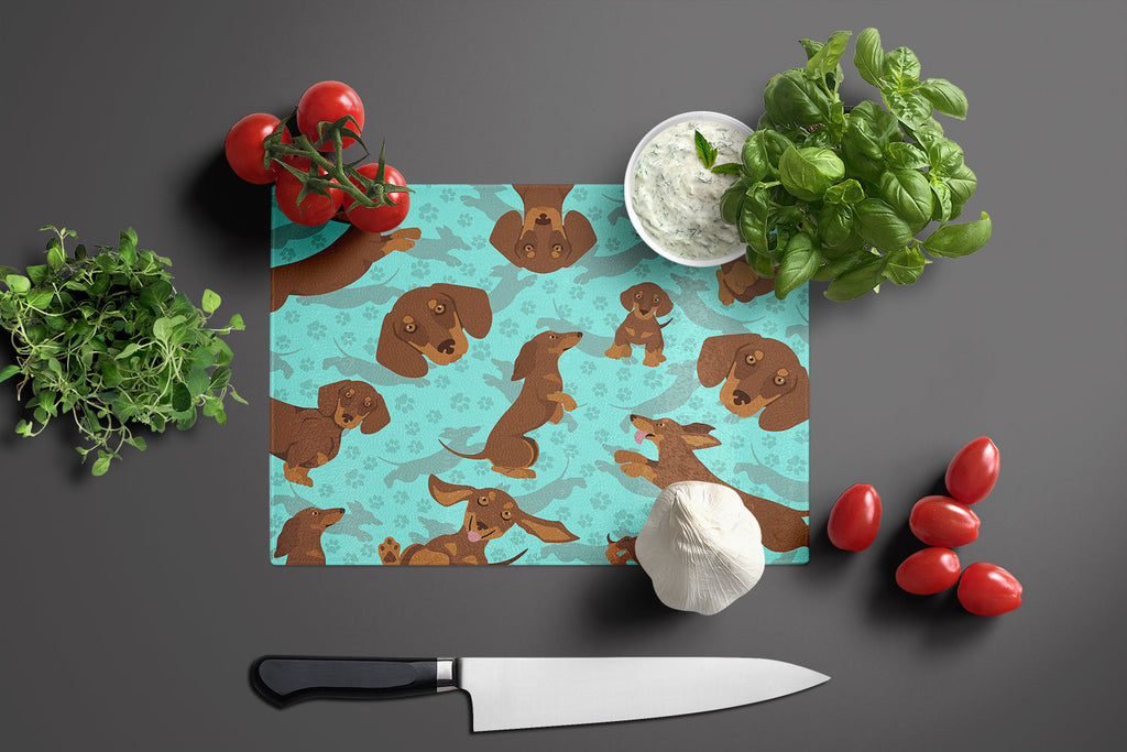 Chocolate and Tan Dachshund Cutting Board Tempered Glass Kitchen Cutting Surface, Heat Resistant Chopping, Non-Slip Feet, Food Prep & Serving