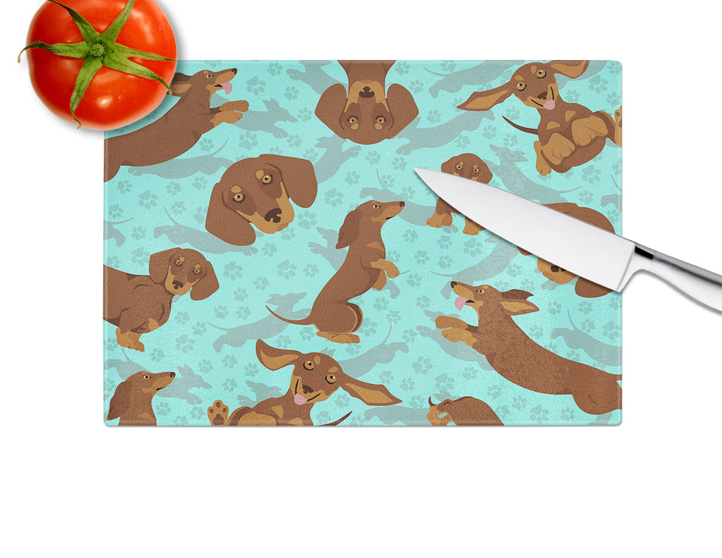 Chocolate and Tan Dachshund Cutting Board Tempered Glass Kitchen Cutting Surface, Heat Resistant Chopping, Non-Slip Feet, Food Prep & Serving