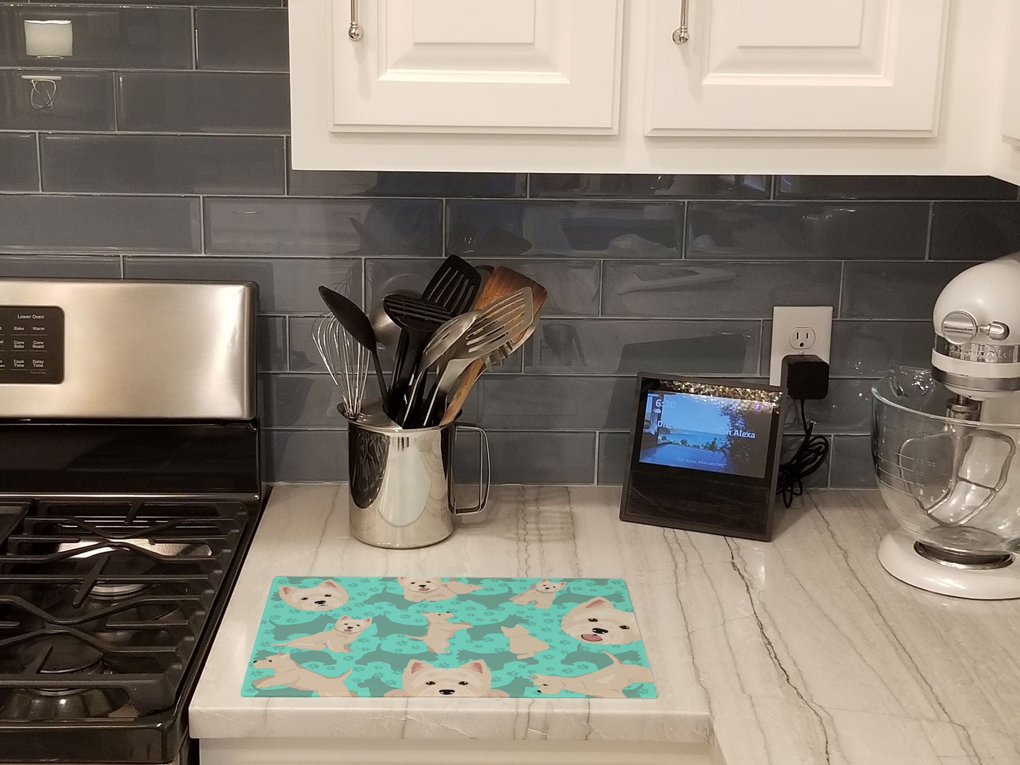 Westie Cutting Board Tempered Glass Kitchen Cutting Surface, Heat Resistant Chopping, Non-Slip Feet, Food Prep & Serving