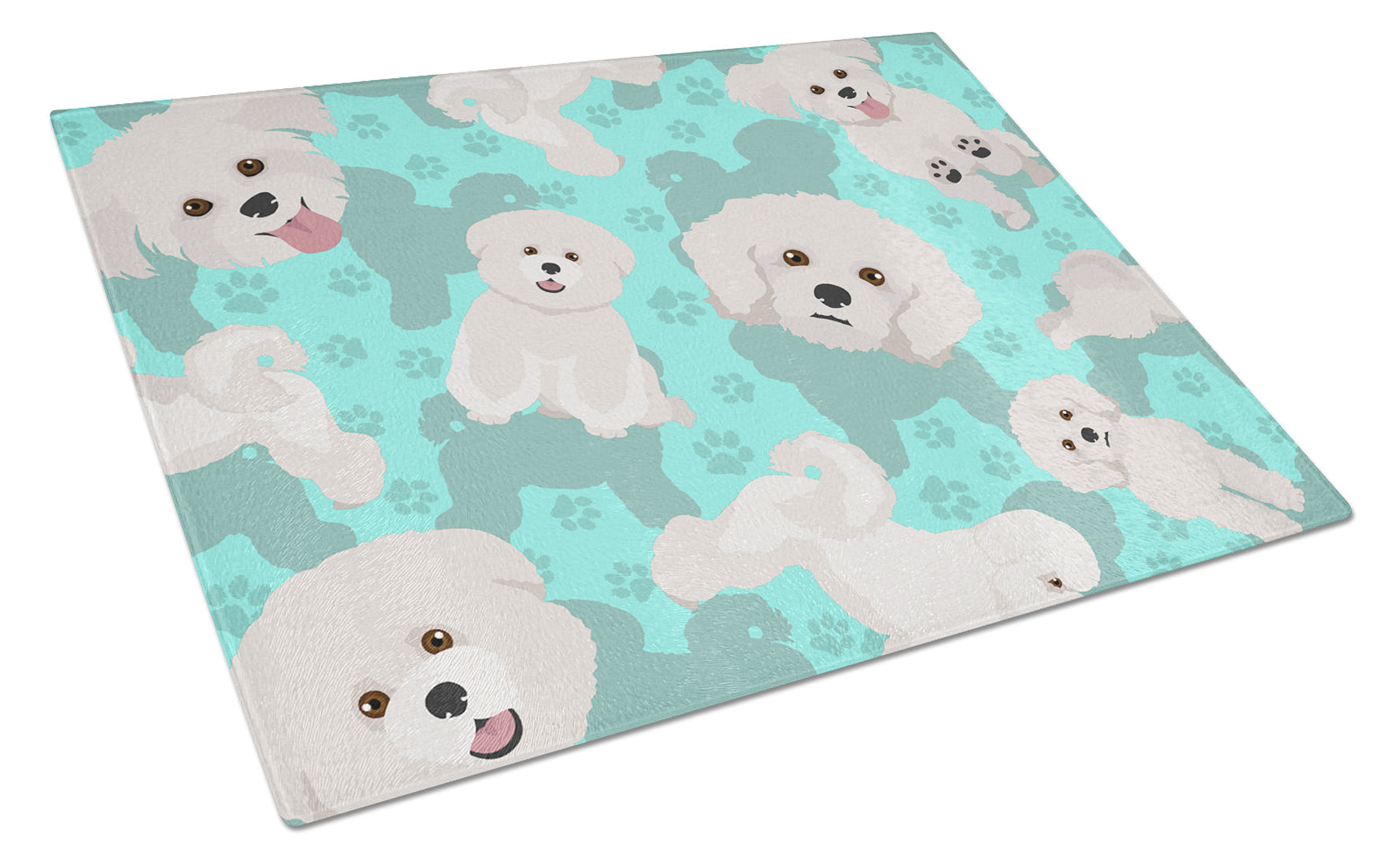Bichon Frise Cutting Board Tempered Glass Kitchen Cutting Surface, Heat Resistant Chopping, Non-Slip Feet, Food Prep & Serving
