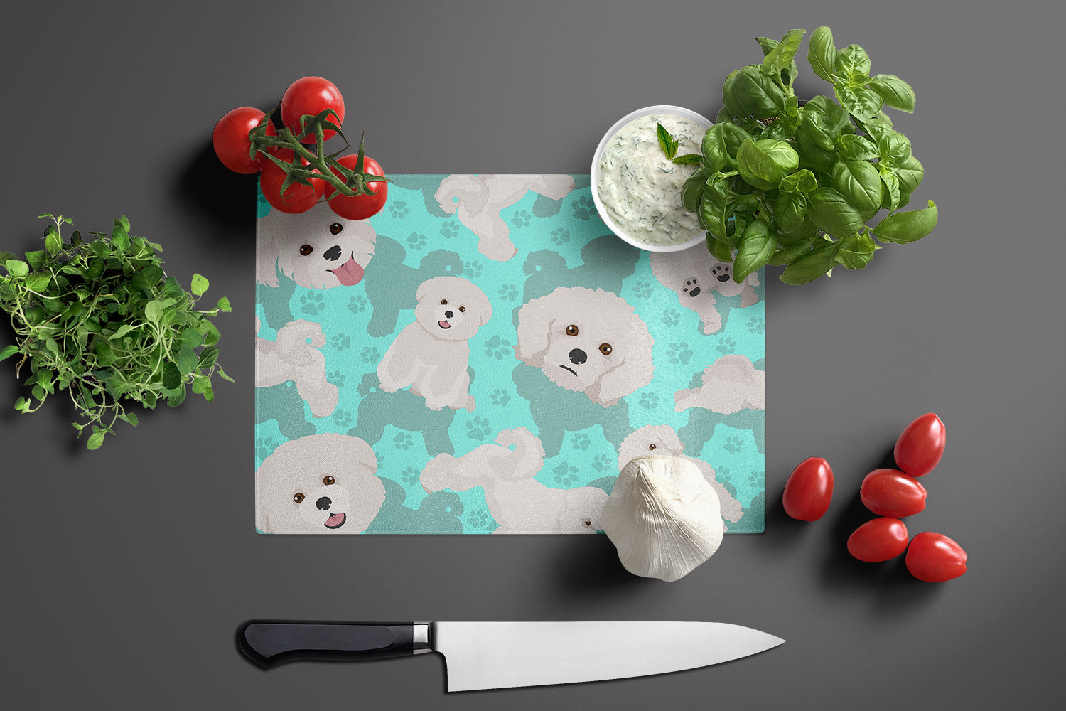 Bichon Frise Cutting Board Tempered Glass Kitchen Cutting Surface, Heat Resistant Chopping, Non-Slip Feet, Food Prep & Serving