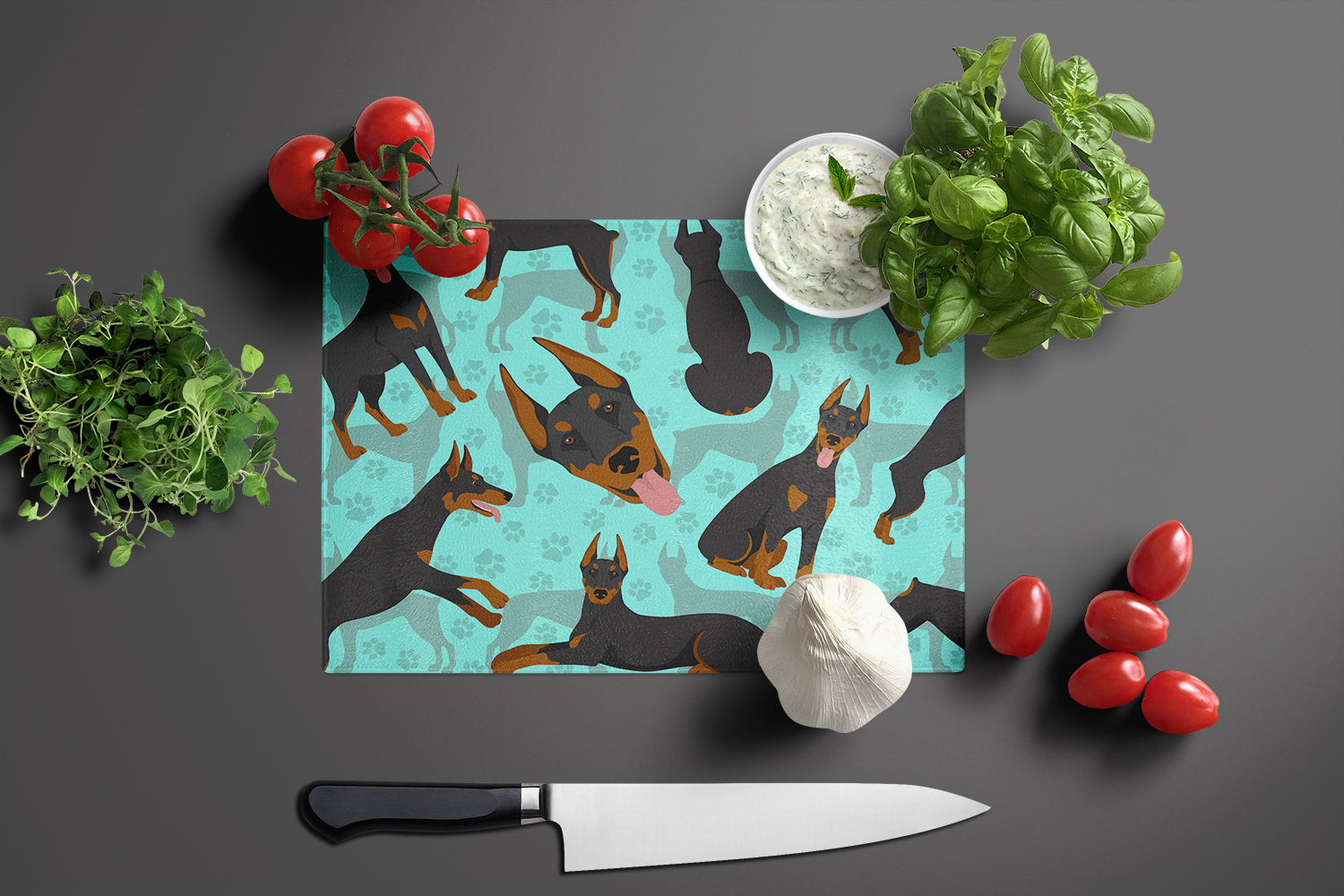 Doberman Pinscher Cutting Board Tempered Glass Kitchen Cutting Surface, Heat Resistant Chopping, Non-Slip Feet, Food Prep & Serving