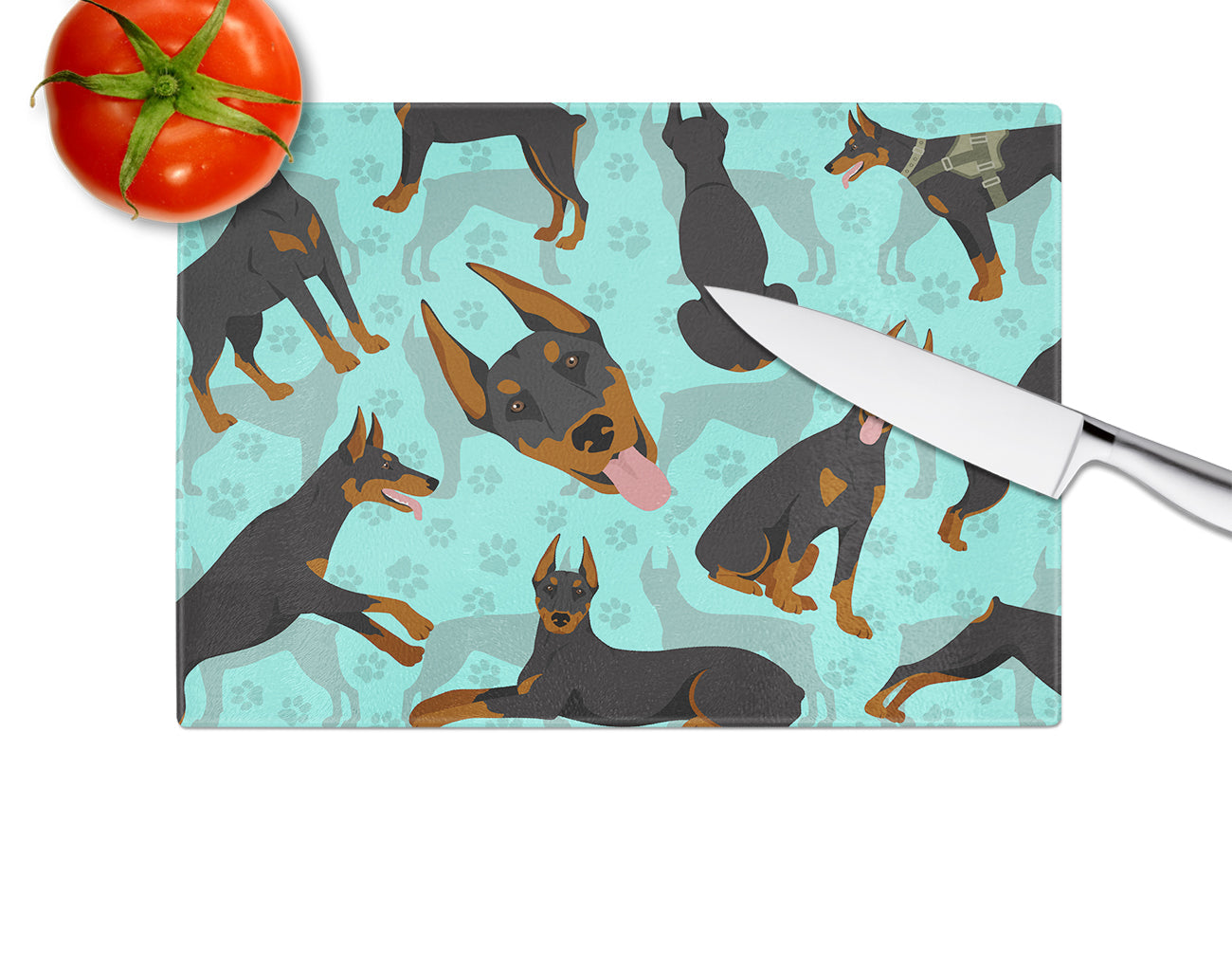 Doberman Pinscher Cutting Board Tempered Glass Kitchen Cutting Surface, Heat Resistant Chopping, Non-Slip Feet, Food Prep & Serving
