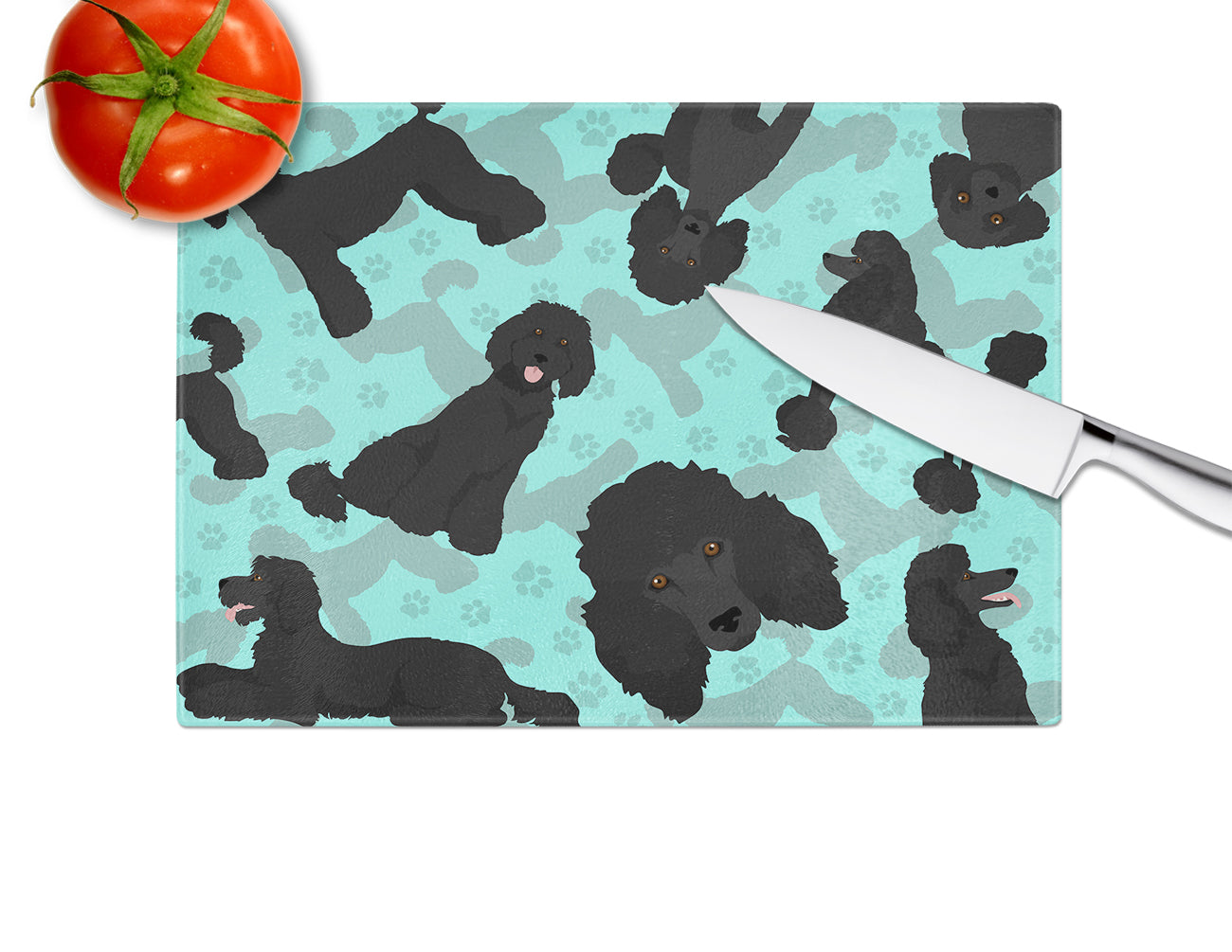 Black Standard Poodle Cutting Board Tempered Glass Kitchen Cutting Surface, Heat Resistant Chopping, Non-Slip Feet, Food Prep & Serving