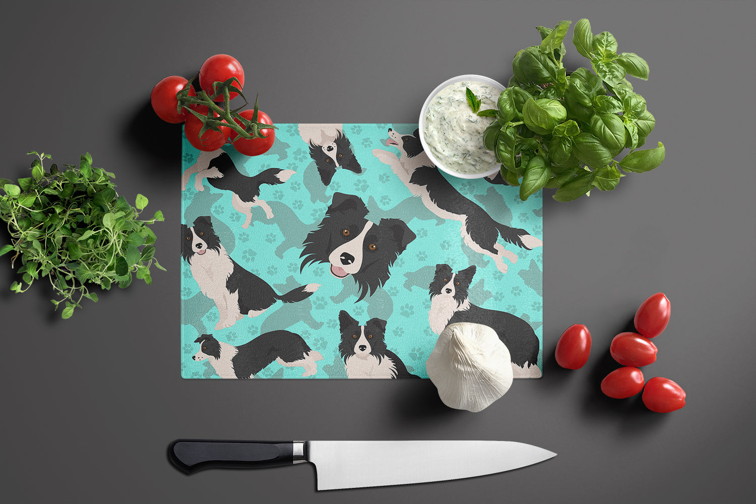 Border Collie Cutting Board Tempered Glass Kitchen Cutting Surface, Heat Resistant Chopping, Non-Slip Feet, Food Prep & Serving