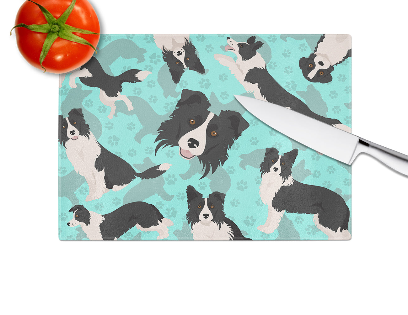 Border Collie Cutting Board Tempered Glass Kitchen Cutting Surface, Heat Resistant Chopping, Non-Slip Feet, Food Prep & Serving