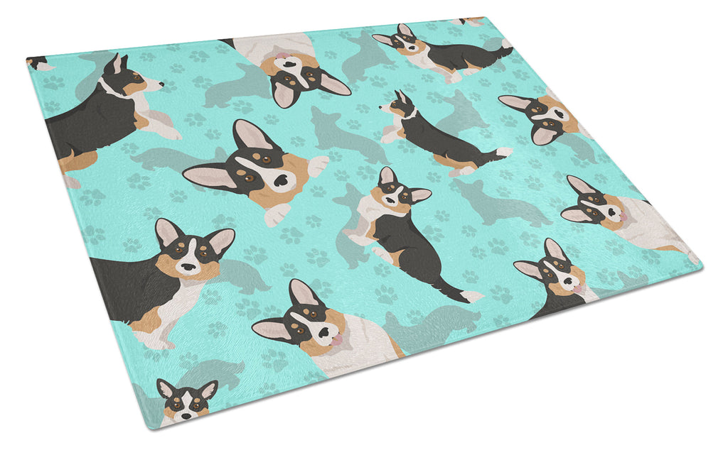 Tricolor Cardigan Corgi Cutting Board Tempered Glass Kitchen Cutting Surface, Heat Resistant Chopping, Non-Slip Feet, Food Prep & Serving