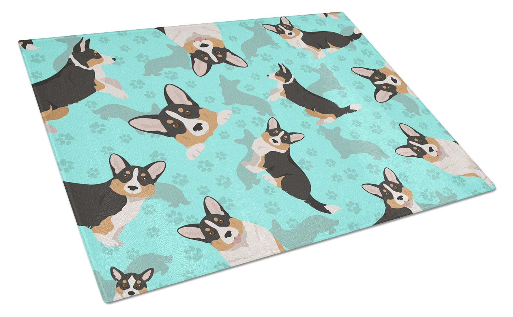 Tricolor Cardigan Corgi Cutting Board Tempered Glass Kitchen Cutting Surface, Heat Resistant Chopping, Non-Slip Feet, Food Prep & Serving