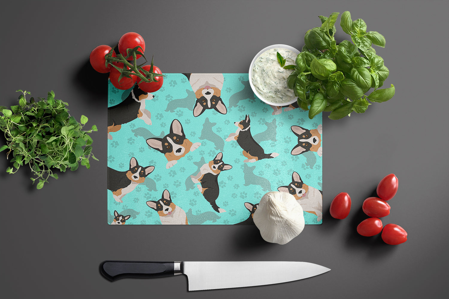 Tricolor Cardigan Corgi Cutting Board Tempered Glass Kitchen Cutting Surface, Heat Resistant Chopping, Non-Slip Feet, Food Prep & Serving