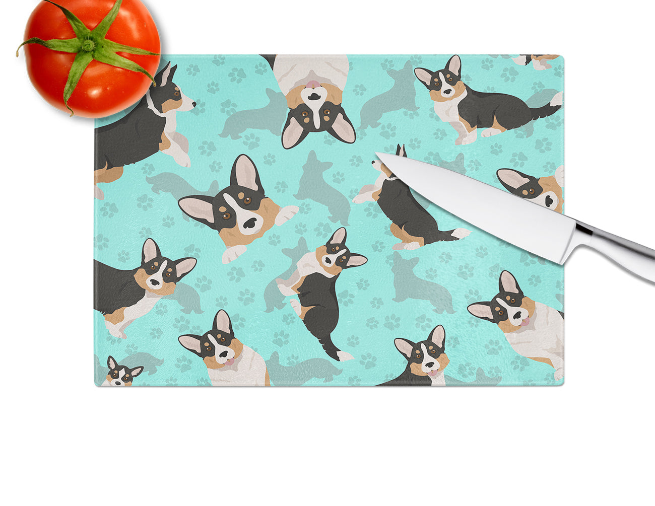 Tricolor Cardigan Corgi Cutting Board Tempered Glass Kitchen Cutting Surface, Heat Resistant Chopping, Non-Slip Feet, Food Prep & Serving