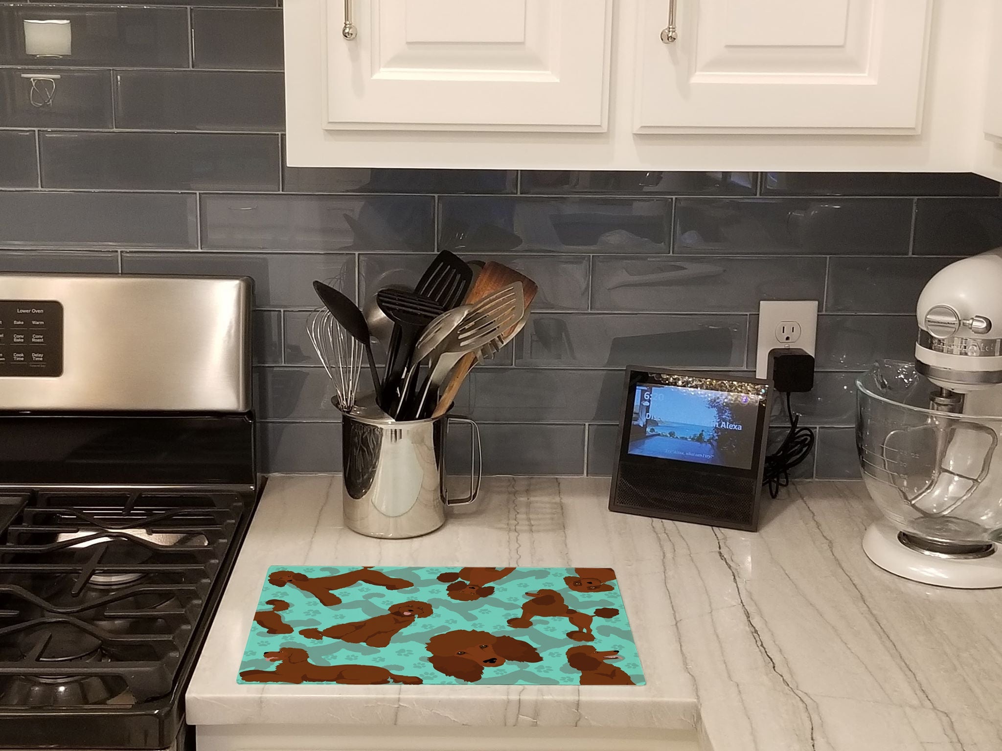 Chocolate Standard Poodle Cutting Board Tempered Glass Kitchen Cutting Surface, Heat Resistant Chopping, Non-Slip Feet, Food Prep & Serving