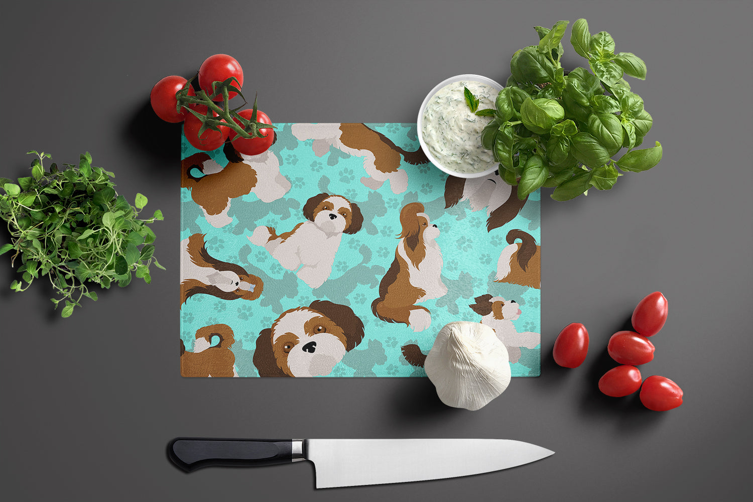 Shih Tzu Cutting Board Tempered Glass Kitchen Cutting Surface, Heat Resistant Chopping, Non-Slip Feet, Food Prep & Serving