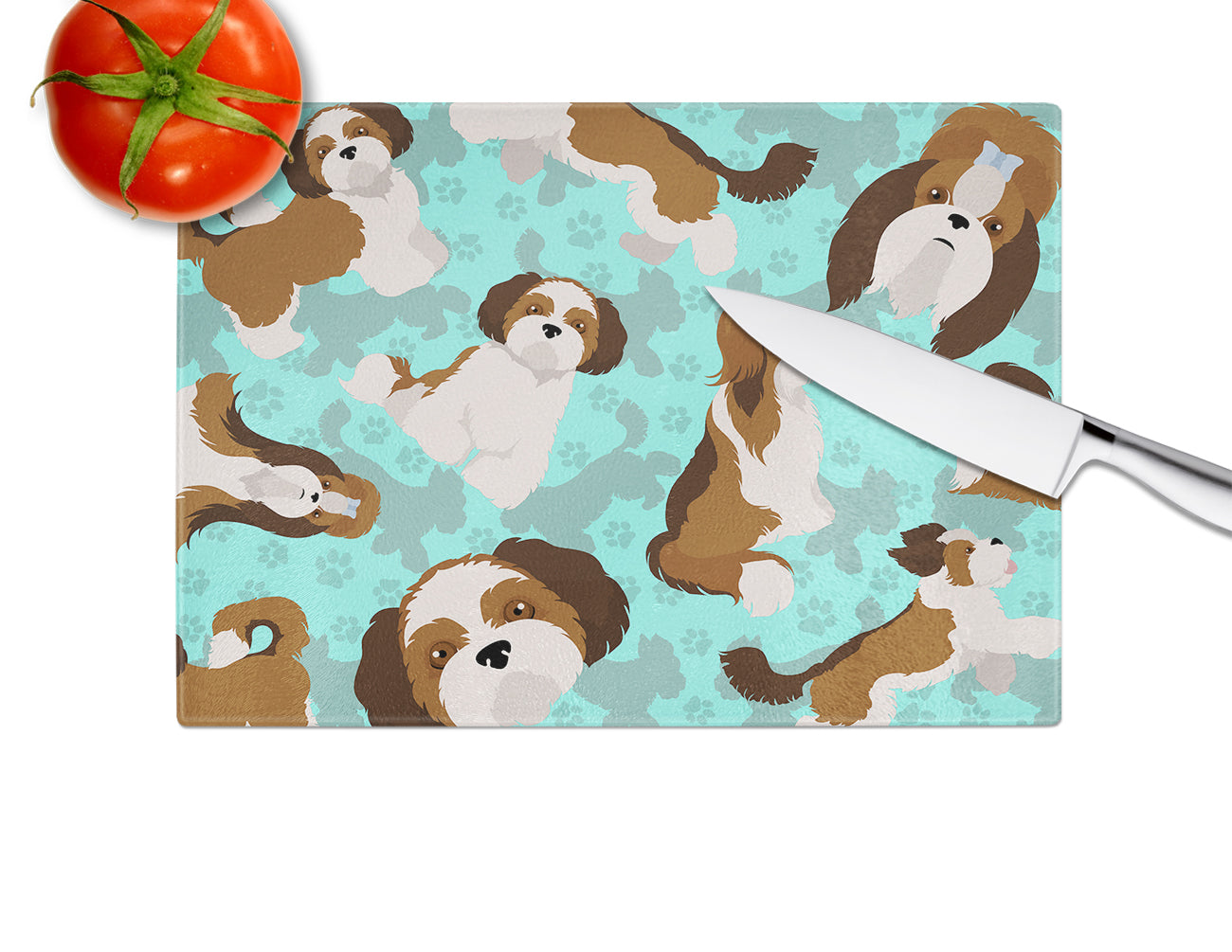 Shih Tzu Cutting Board Tempered Glass Kitchen Cutting Surface, Heat Resistant Chopping, Non-Slip Feet, Food Prep & Serving
