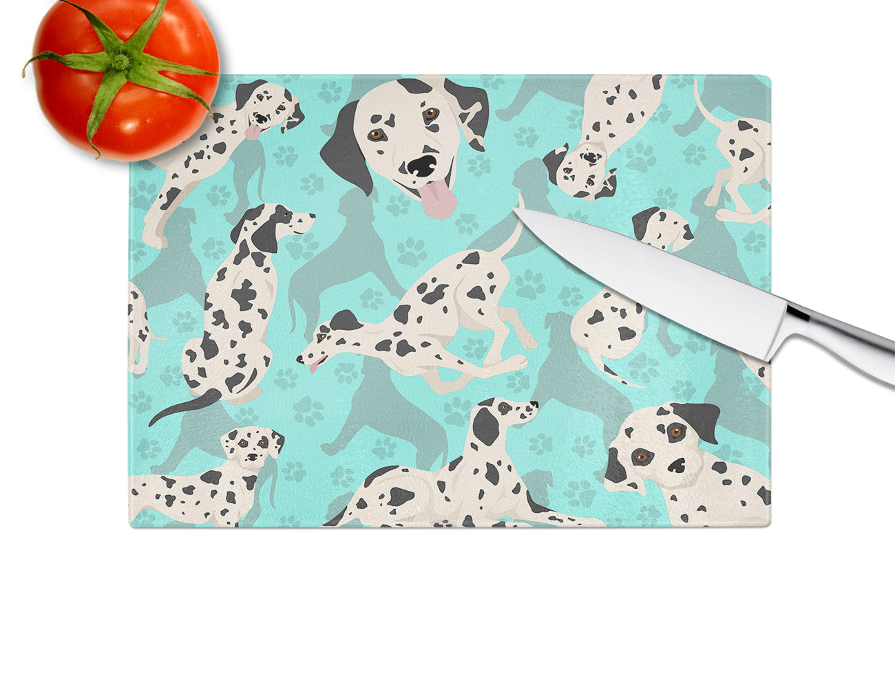 Dalmatian Cutting Board Tempered Glass Kitchen Cutting Surface, Heat Resistant Chopping, Non-Slip Feet, Food Prep & Serving