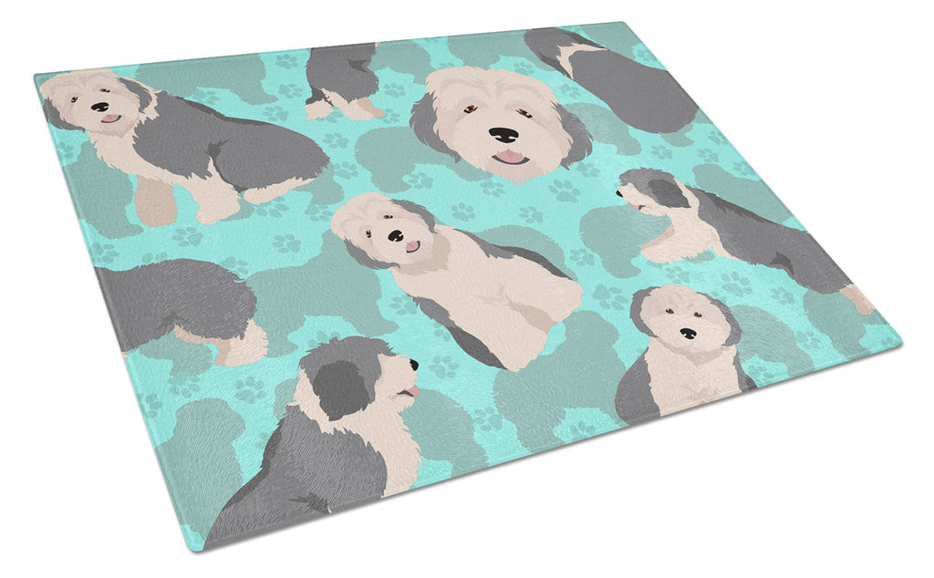 Old English Sheepdog Cutting Board Tempered Glass Kitchen Cutting Surface, Heat Resistant Chopping, Non-Slip Feet, Food Prep & Serving