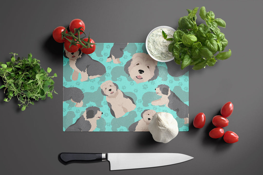 Old English Sheepdog Cutting Board Tempered Glass Kitchen Cutting Surface, Heat Resistant Chopping, Non-Slip Feet, Food Prep & Serving