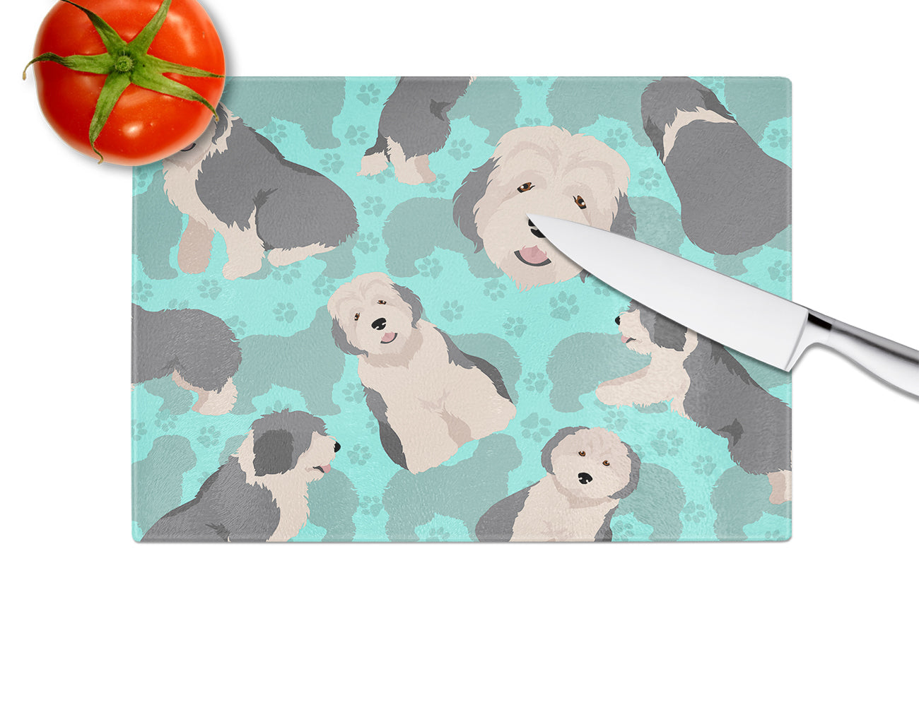 Old English Sheepdog Cutting Board Tempered Glass Kitchen Cutting Surface, Heat Resistant Chopping, Non-Slip Feet, Food Prep & Serving
