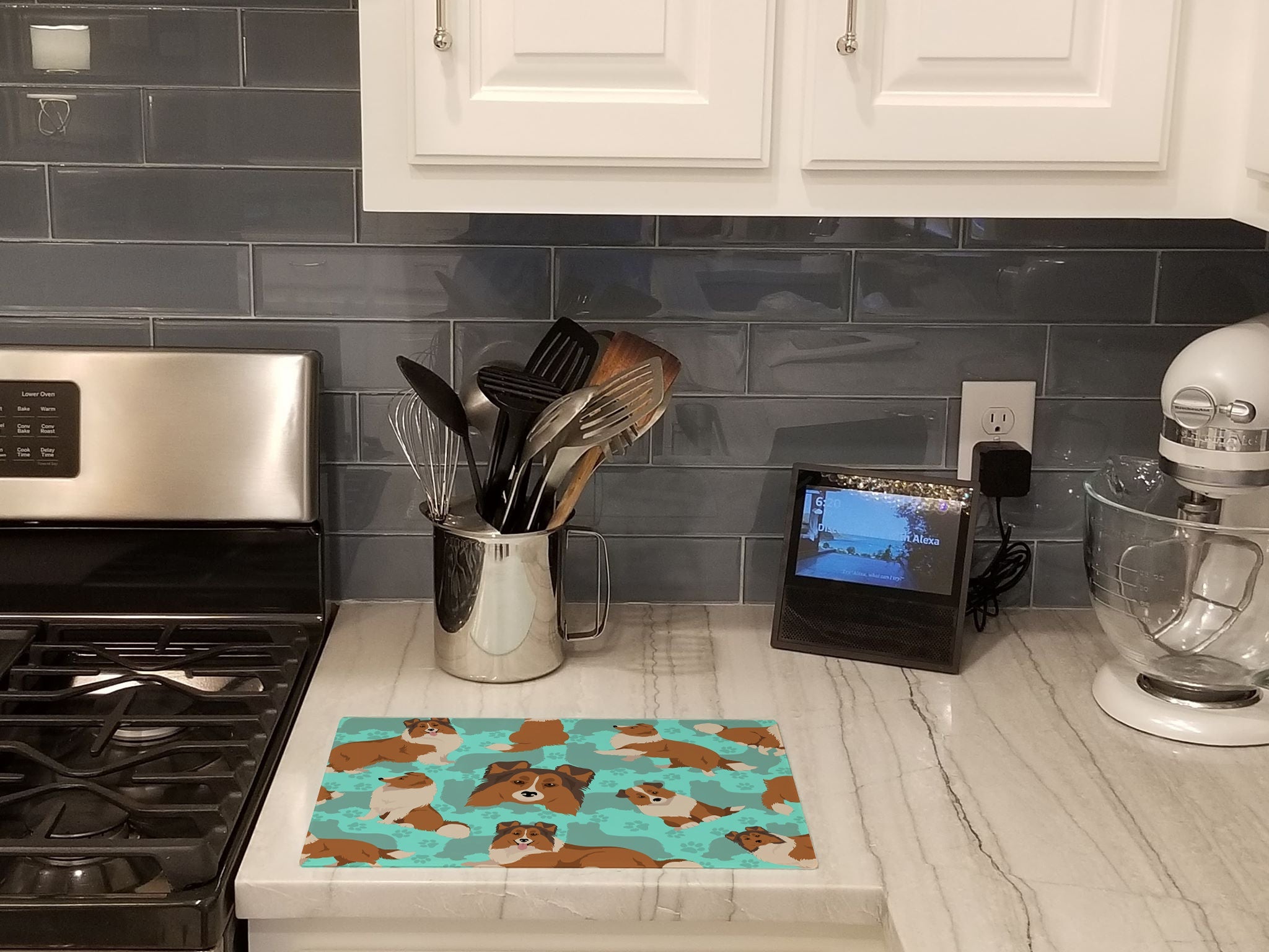 Sheltie Cutting Board Tempered Glass Kitchen Cutting Surface, Heat Resistant Chopping, Non-Slip Feet, Food Prep & Serving