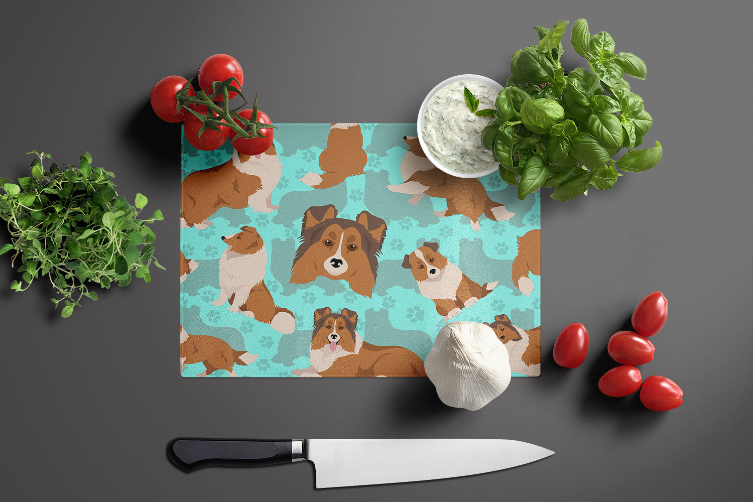Sheltie Cutting Board Tempered Glass Kitchen Cutting Surface, Heat Resistant Chopping, Non-Slip Feet, Food Prep & Serving