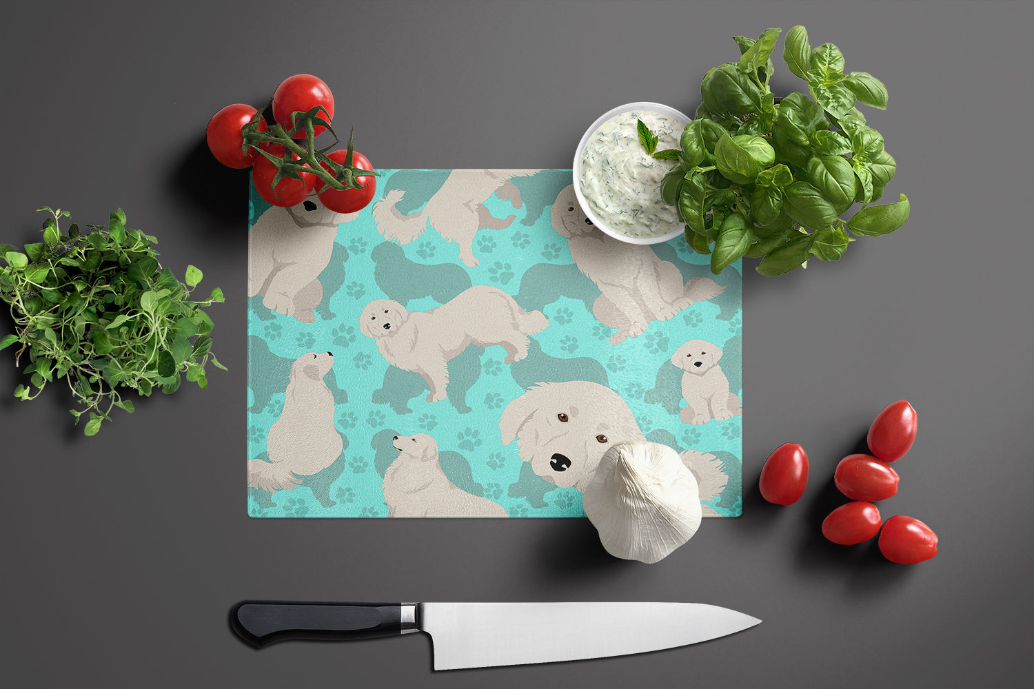 Great Pyrenees Cutting Board Tempered Glass Kitchen Cutting Surface, Heat Resistant Chopping, Non-Slip Feet, Food Prep & Serving