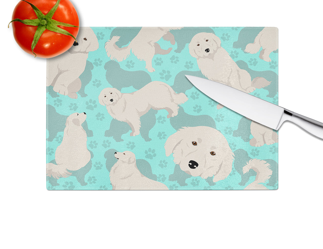 Great Pyrenees Cutting Board Tempered Glass Kitchen Cutting Surface, Heat Resistant Chopping, Non-Slip Feet, Food Prep & Serving