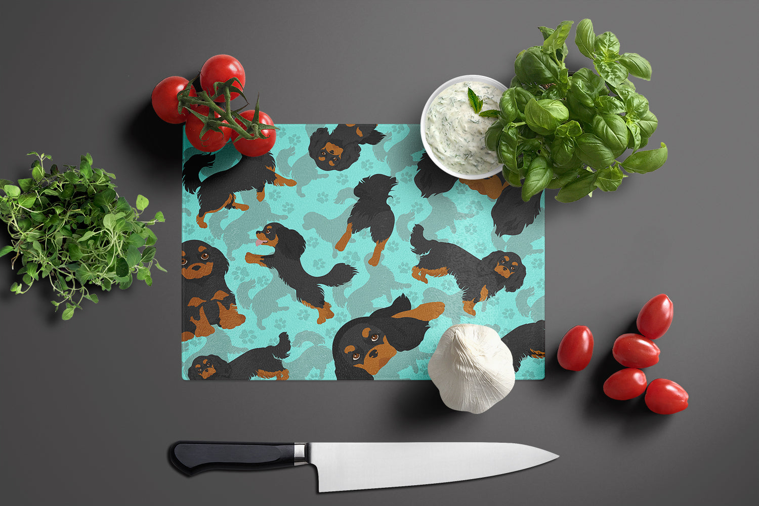 Black and Tan Cavalier King Charles Spaniel Cutting Board Tempered Glass Kitchen Cutting Surface, Heat Resistant Chopping, Non-Slip Feet, Food Prep & Serving