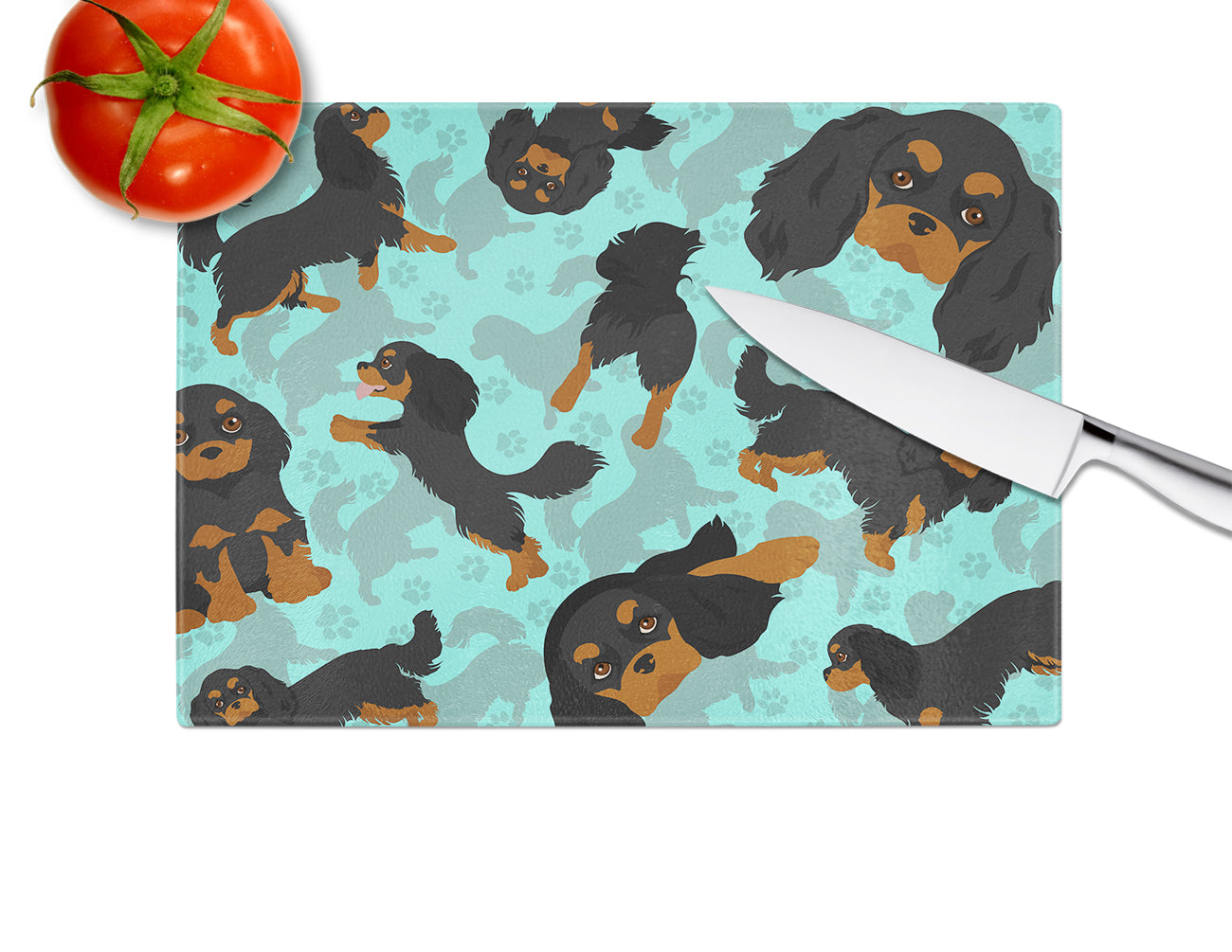 Black and Tan Cavalier King Charles Spaniel Cutting Board Tempered Glass Kitchen Cutting Surface, Heat Resistant Chopping, Non-Slip Feet, Food Prep & Serving