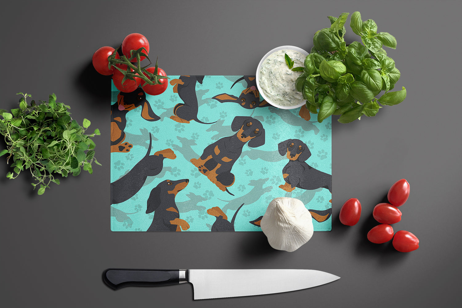 Black and Tan Dachshund Cutting Board Tempered Glass Kitchen Cutting Surface, Heat Resistant Chopping, Non-Slip Feet, Food Prep & Serving