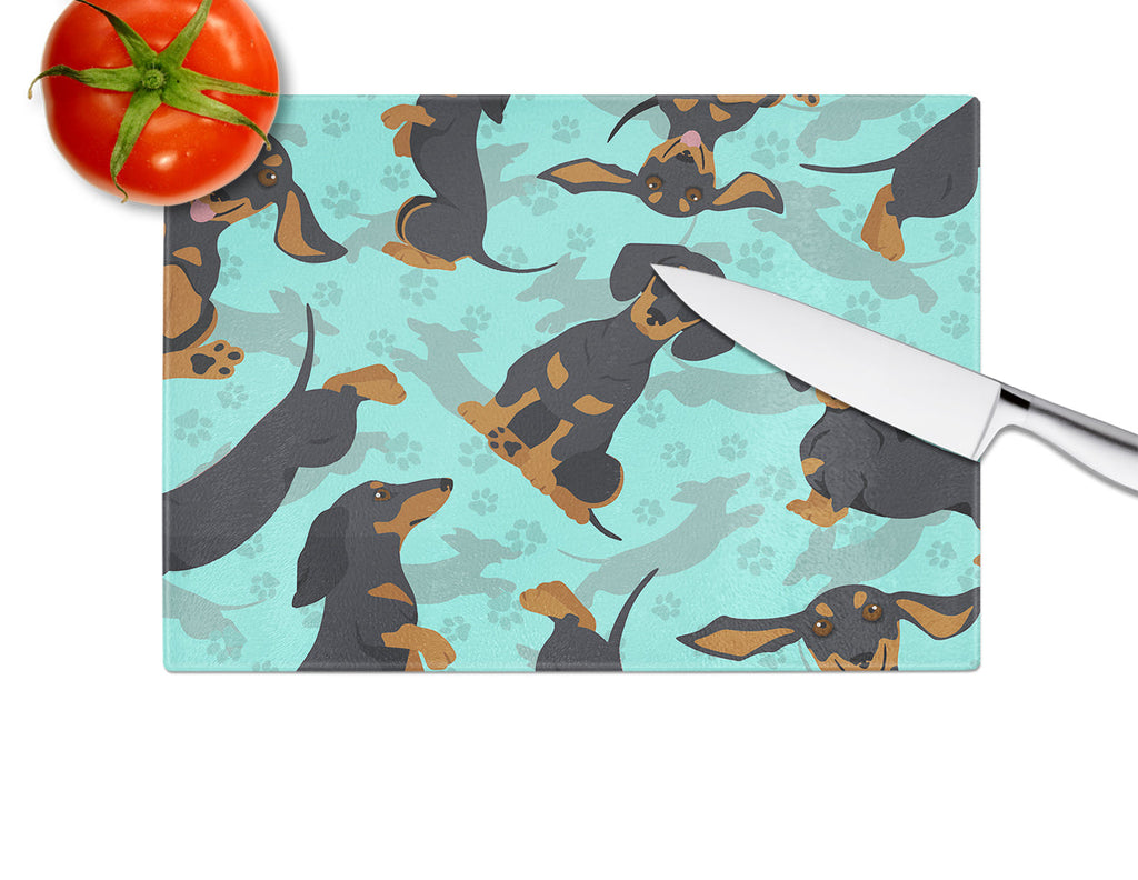 Black and Tan Dachshund Cutting Board Tempered Glass Kitchen Cutting Surface, Heat Resistant Chopping, Non-Slip Feet, Food Prep & Serving