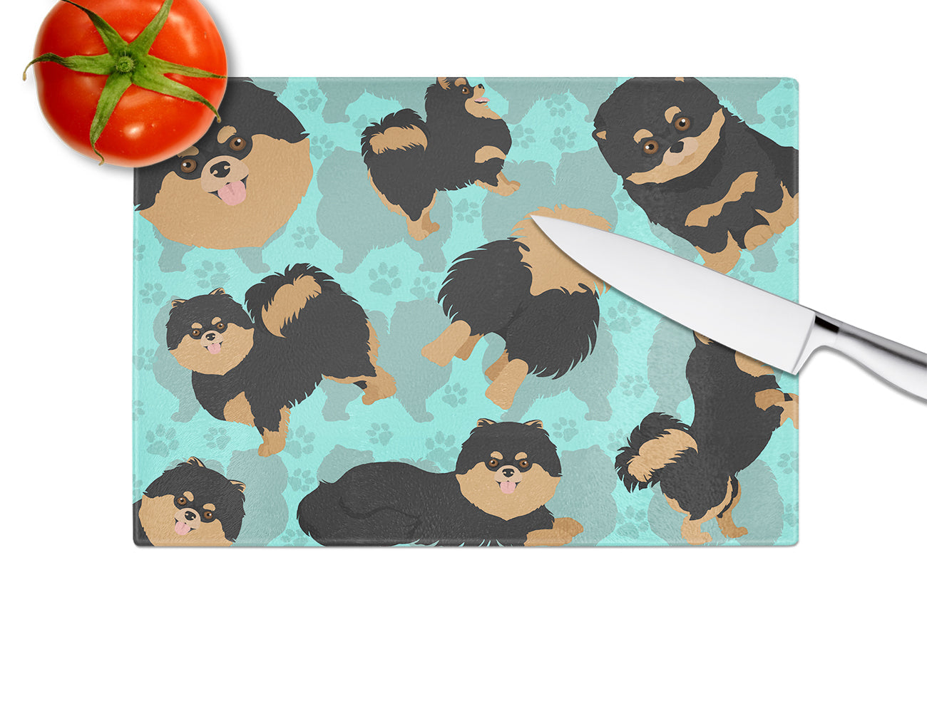 Black and Tan Pomeranian Cutting Board Tempered Glass Kitchen Cutting Surface, Heat Resistant Chopping, Non-Slip Feet, Food Prep & Serving