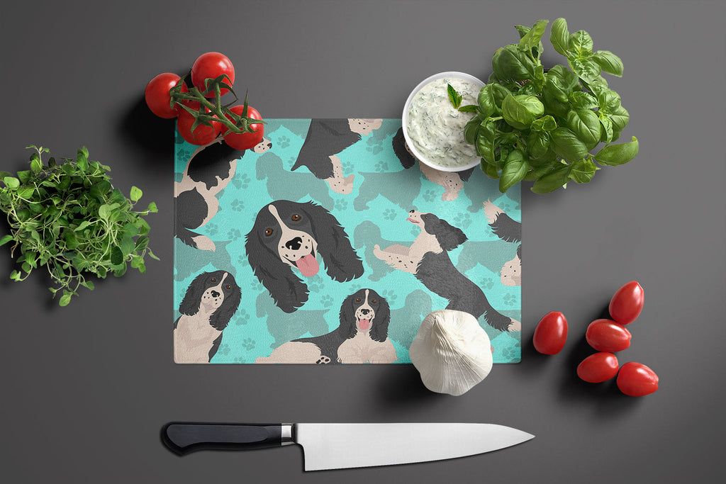 Black and White English Springer Spaniel Cutting Board Tempered Glass Kitchen Cutting Surface, Heat Resistant Chopping, Non-Slip Feet, Food Prep & Serving