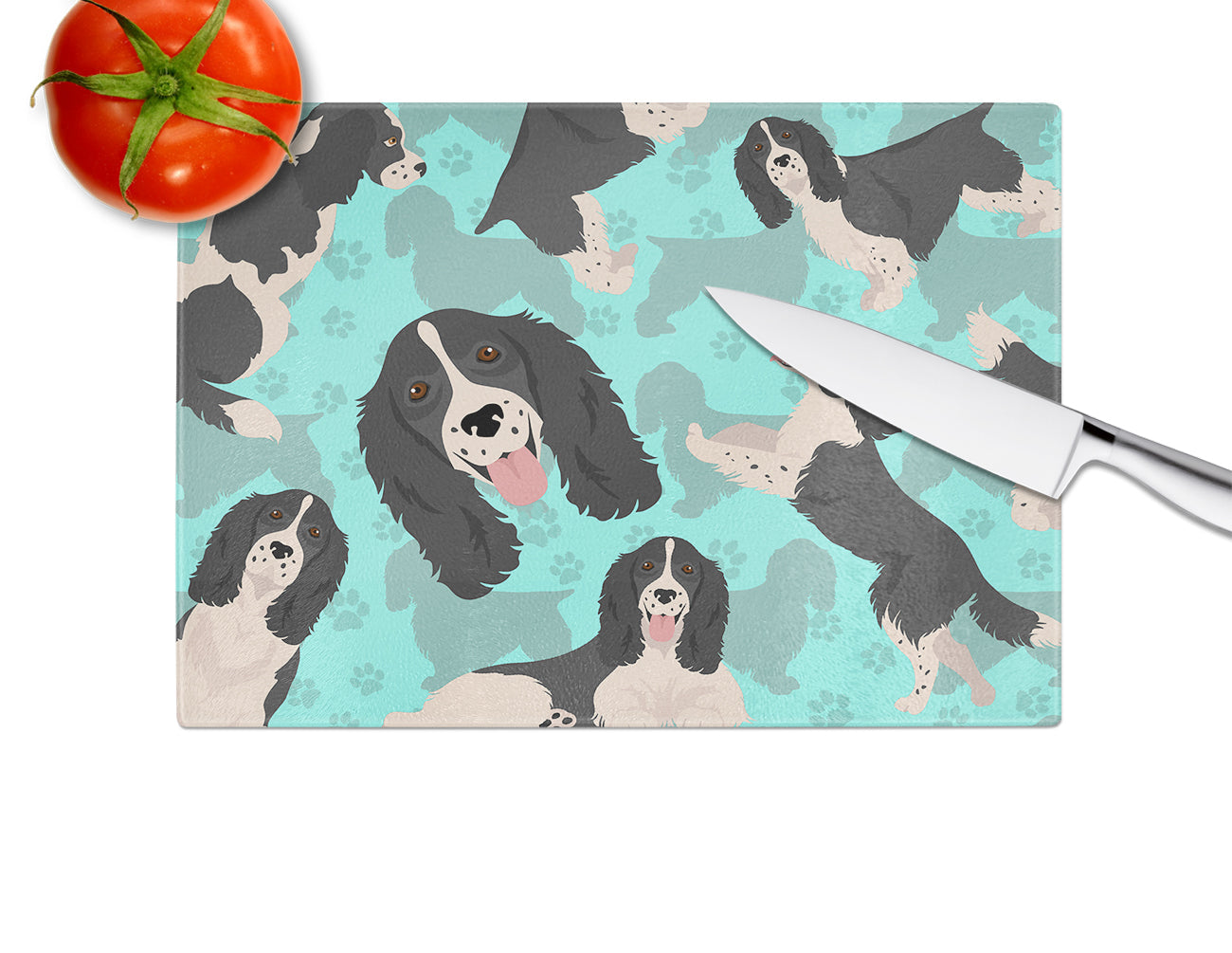 Black and White English Springer Spaniel Cutting Board Tempered Glass Kitchen Cutting Surface, Heat Resistant Chopping, Non-Slip Feet, Food Prep & Serving