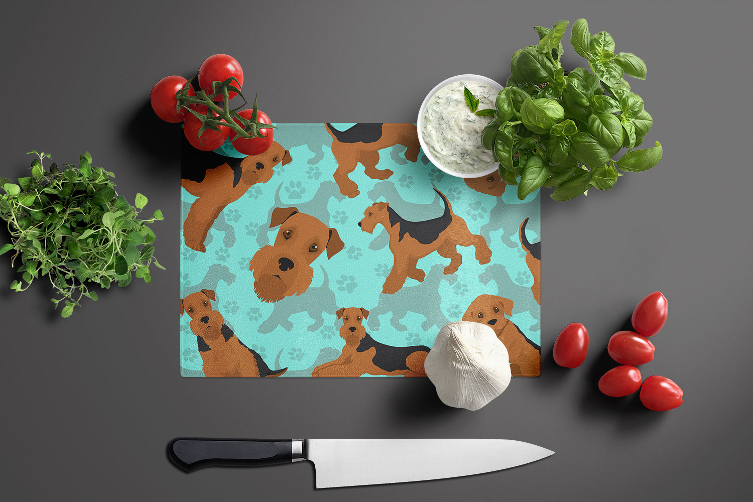 Airedale Terrier Cutting Board Tempered Glass Kitchen Cutting Surface, Heat Resistant Chopping, Non-Slip Feet, Food Prep & Serving