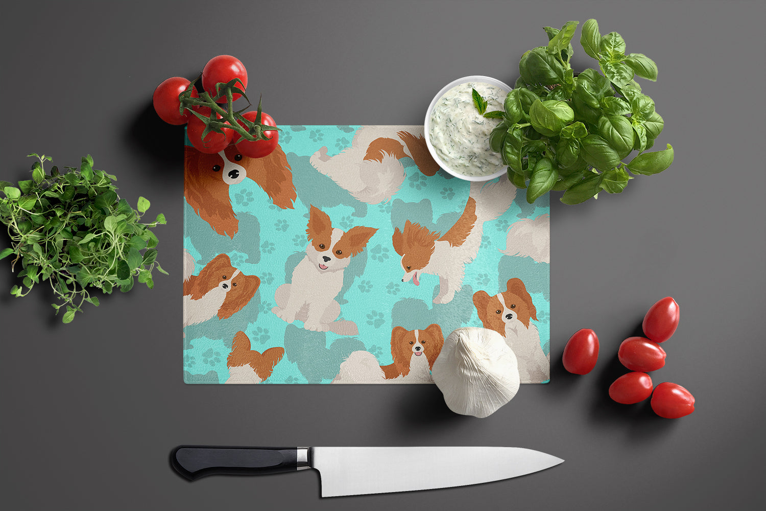 Red and White Papillon Cutting Board Tempered Glass Kitchen Cutting Surface, Heat Resistant Chopping, Non-Slip Feet, Food Prep & Serving