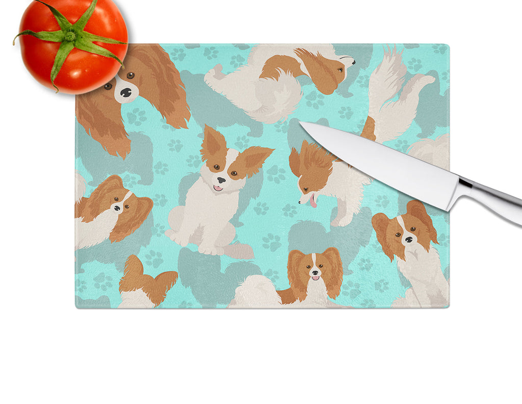 Red and White Papillon Cutting Board Tempered Glass Kitchen Cutting Surface, Heat Resistant Chopping, Non-Slip Feet, Food Prep & Serving