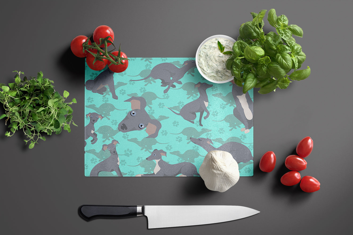 Italian Greyhound Cutting Board Tempered Glass Kitchen Cutting Surface, Heat Resistant Chopping, Non-Slip Feet, Food Prep & Serving