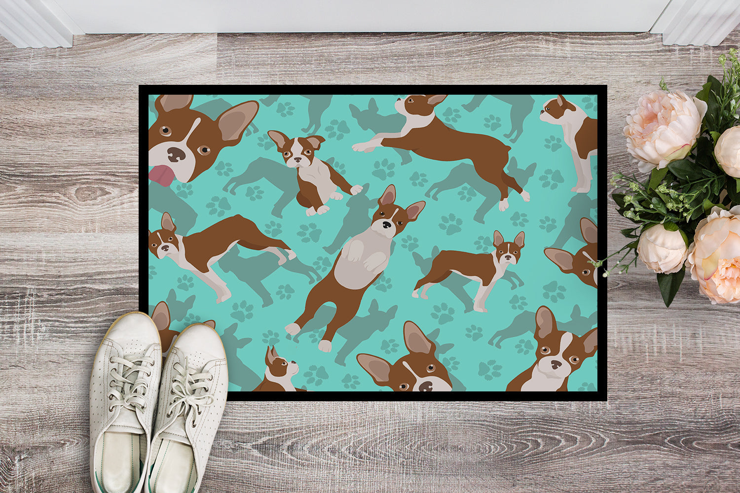 Red Boston Terrier Doormat Indoor Outdoor 24H X 36W Front Door Mat Rugs for Entryway, Non Slip Washable Low Pile,