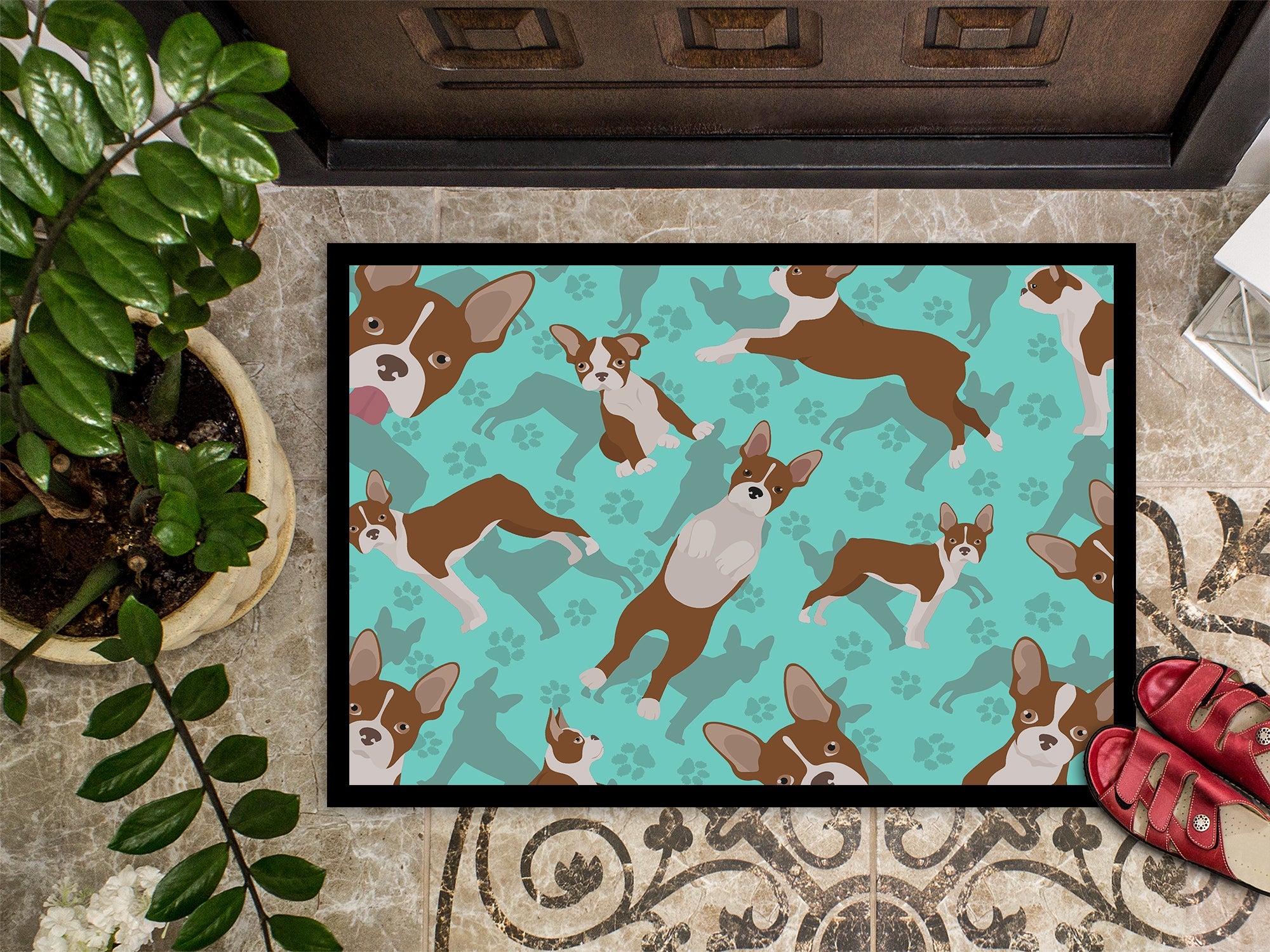 Red Boston Terrier Doormat Indoor Outdoor 24H X 36W Front Door Mat Rugs for Entryway, Non Slip Washable Low Pile,