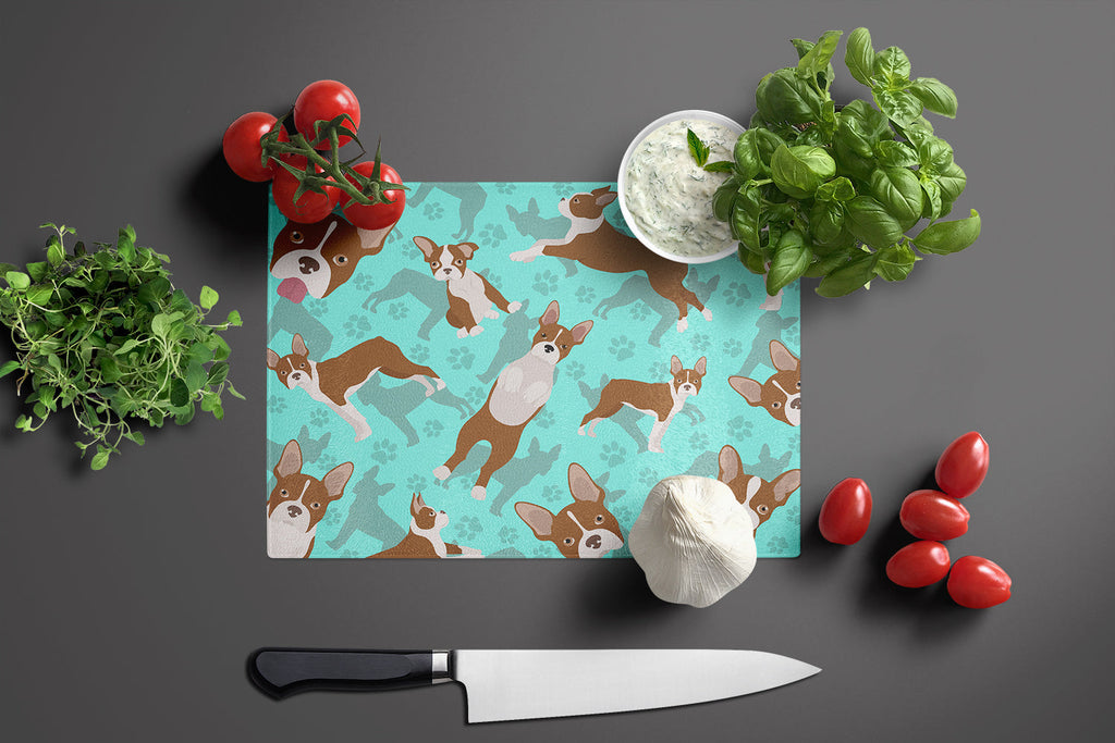 Red Boston Terrier Cutting Board Tempered Glass Kitchen Cutting Surface, Heat Resistant Chopping, Non-Slip Feet, Food Prep & Serving
