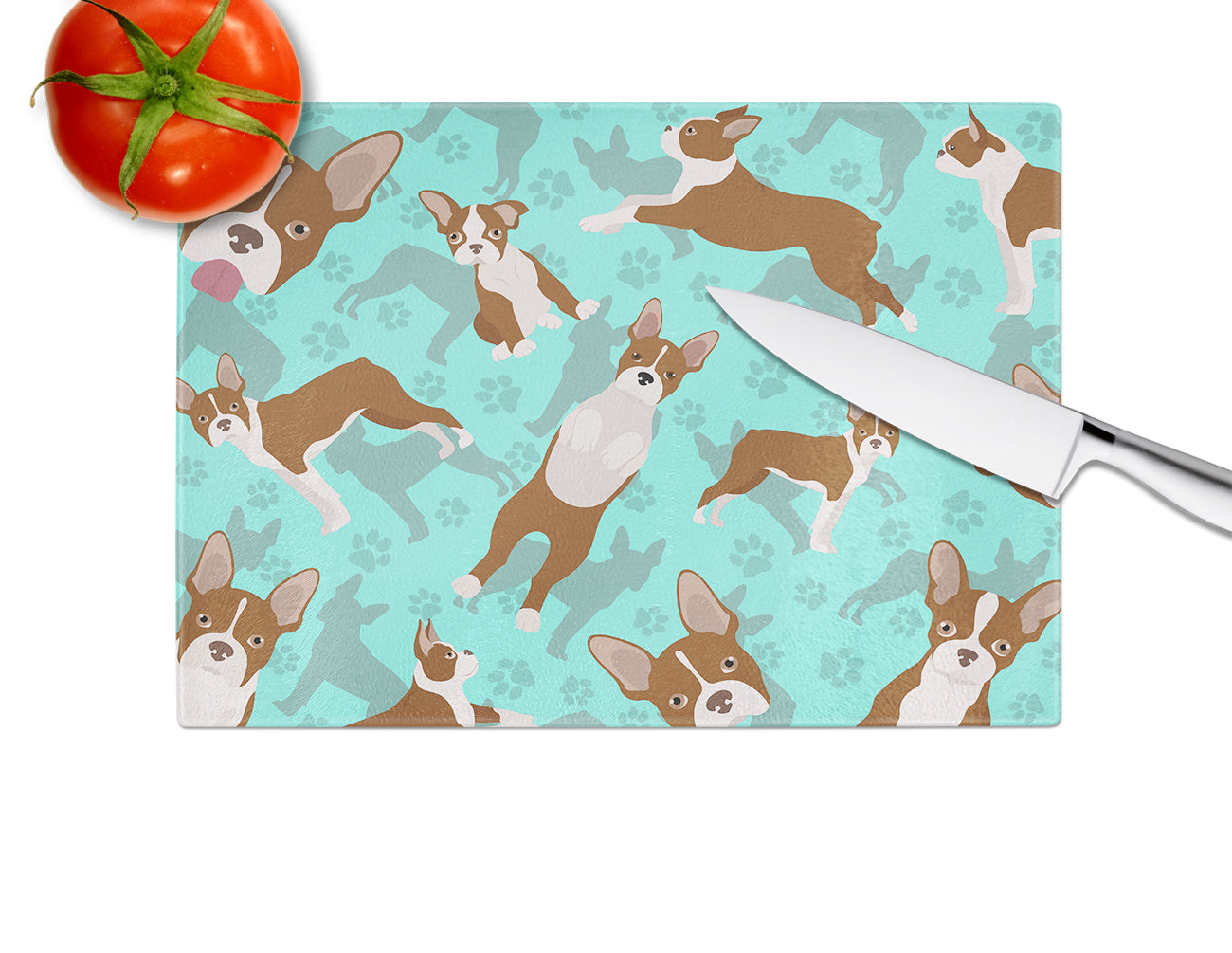Red Boston Terrier Cutting Board Tempered Glass Kitchen Cutting Surface, Heat Resistant Chopping, Non-Slip Feet, Food Prep & Serving