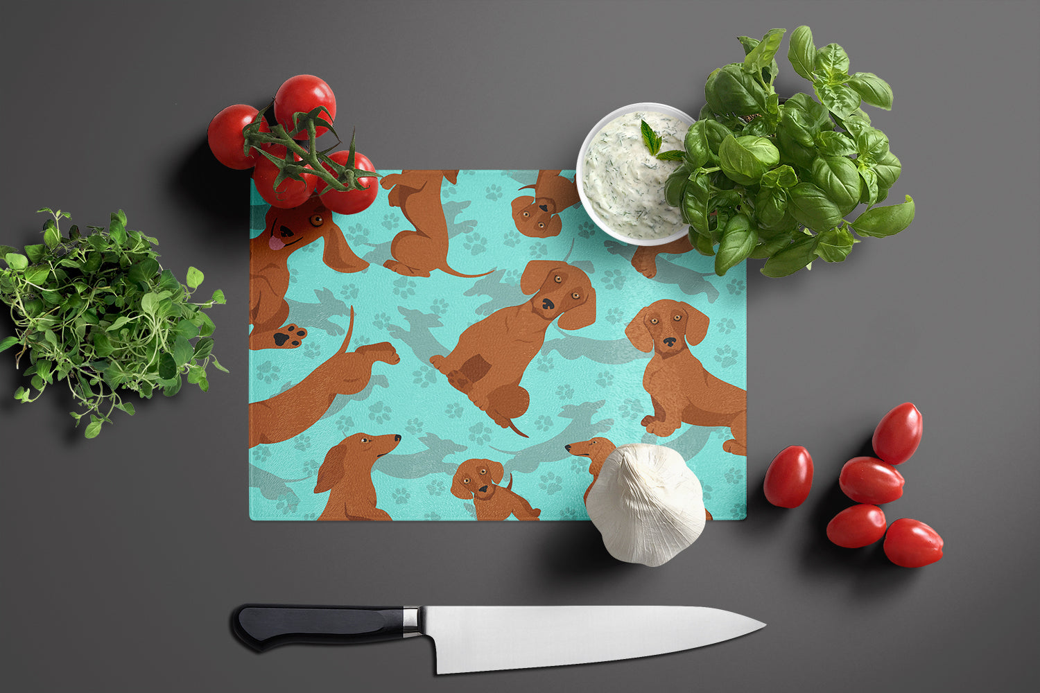 Red Dachshund Cutting Board Tempered Glass Kitchen Cutting Surface, Heat Resistant Chopping, Non-Slip Feet, Food Prep & Serving
