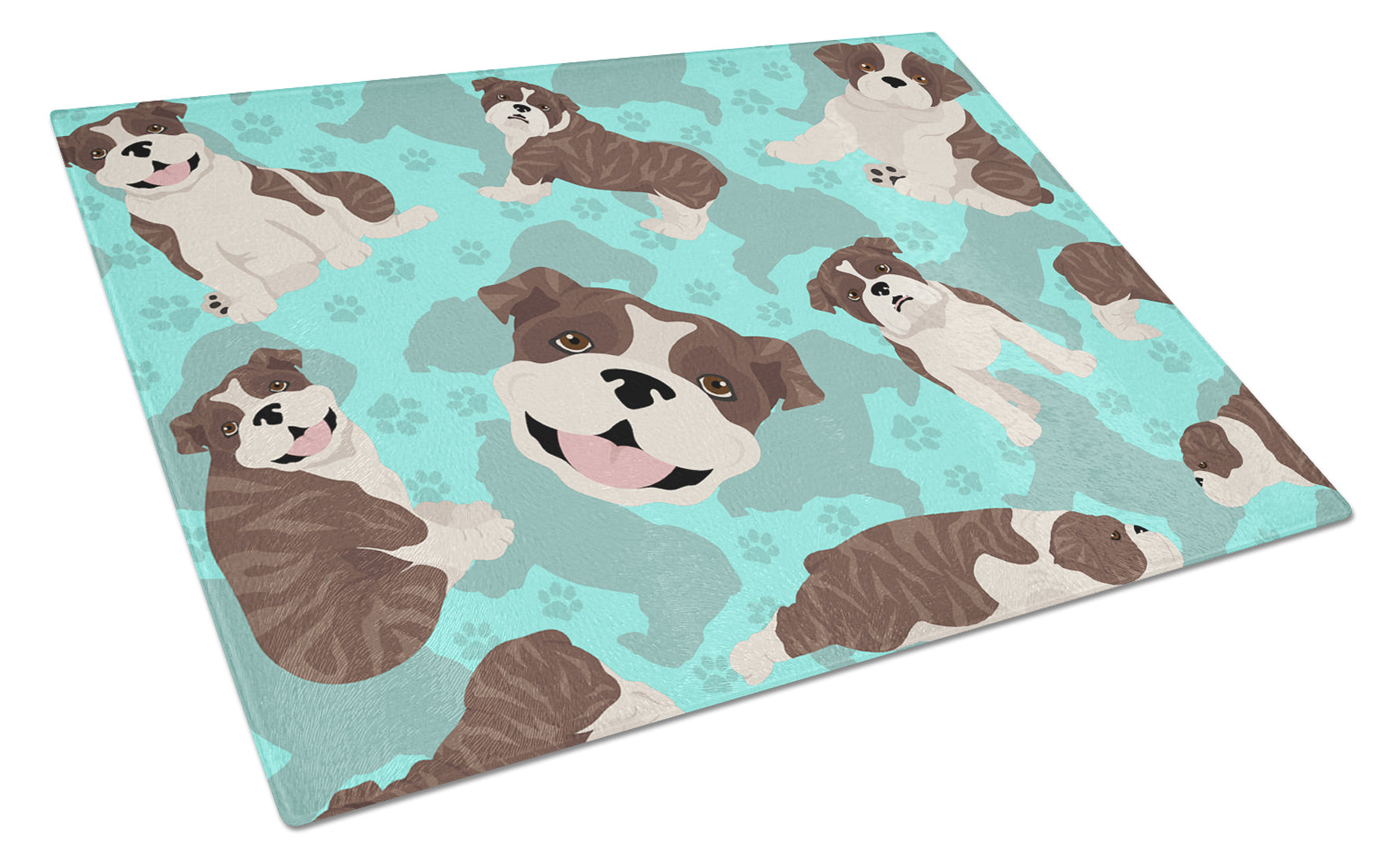 Brindle English Bulldog Cutting Board Tempered Glass Kitchen Cutting Surface, Heat Resistant Chopping, Non-Slip Feet, Food Prep & Serving