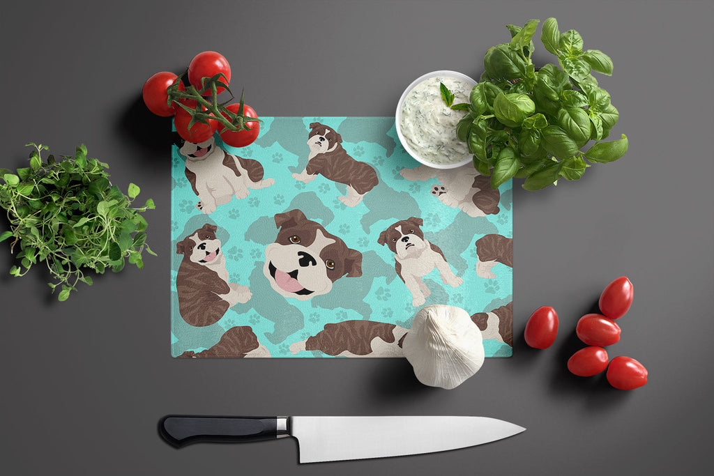 Brindle English Bulldog Cutting Board Tempered Glass Kitchen Cutting Surface, Heat Resistant Chopping, Non-Slip Feet, Food Prep & Serving