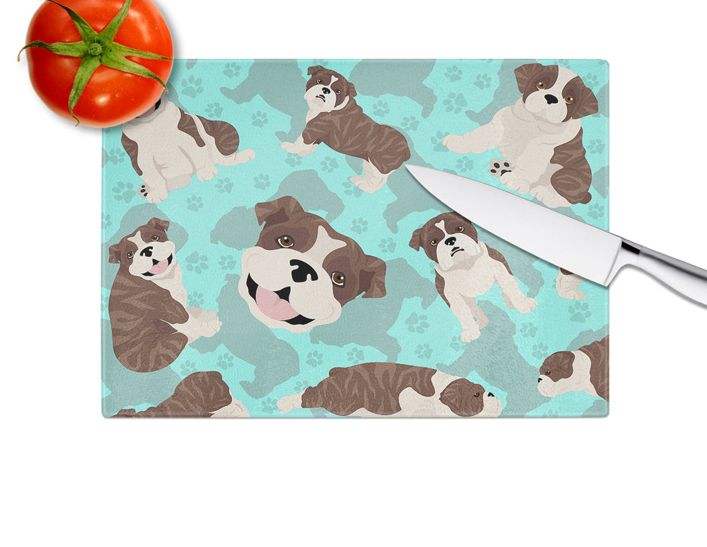 Brindle English Bulldog Cutting Board Tempered Glass Kitchen Cutting Surface, Heat Resistant Chopping, Non-Slip Feet, Food Prep & Serving