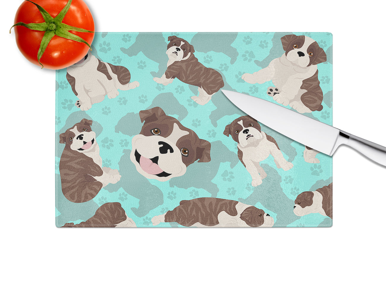 Brindle English Bulldog Cutting Board Tempered Glass Kitchen Cutting Surface, Heat Resistant Chopping, Non-Slip Feet, Food Prep & Serving